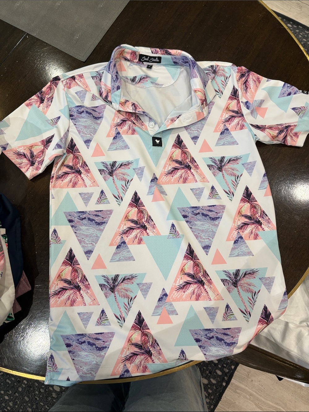 Bad Birdie Tropical Triangle Print Kids Polo Shirt - Pastel Pink & Aqua